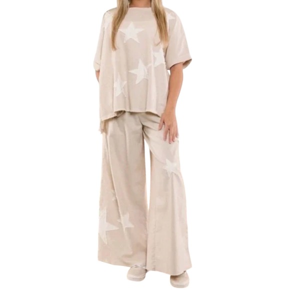 Blue Velvet Pants - Wide Leg Star-Print Pantsuit in Light Beige
